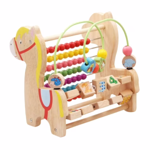 Caballo Montessori de madera con cubos giratorios, ábaco y laberinto | Juguete de motricidad y coordinación