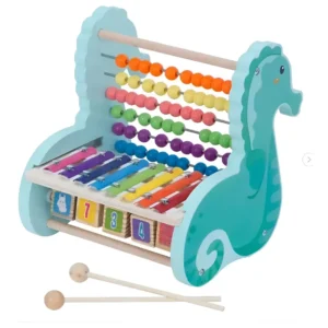 Caballito de mar Montessori de madera con cubos giratorios, ábaco y metalófono | Juguete de motricidad y coordinación
